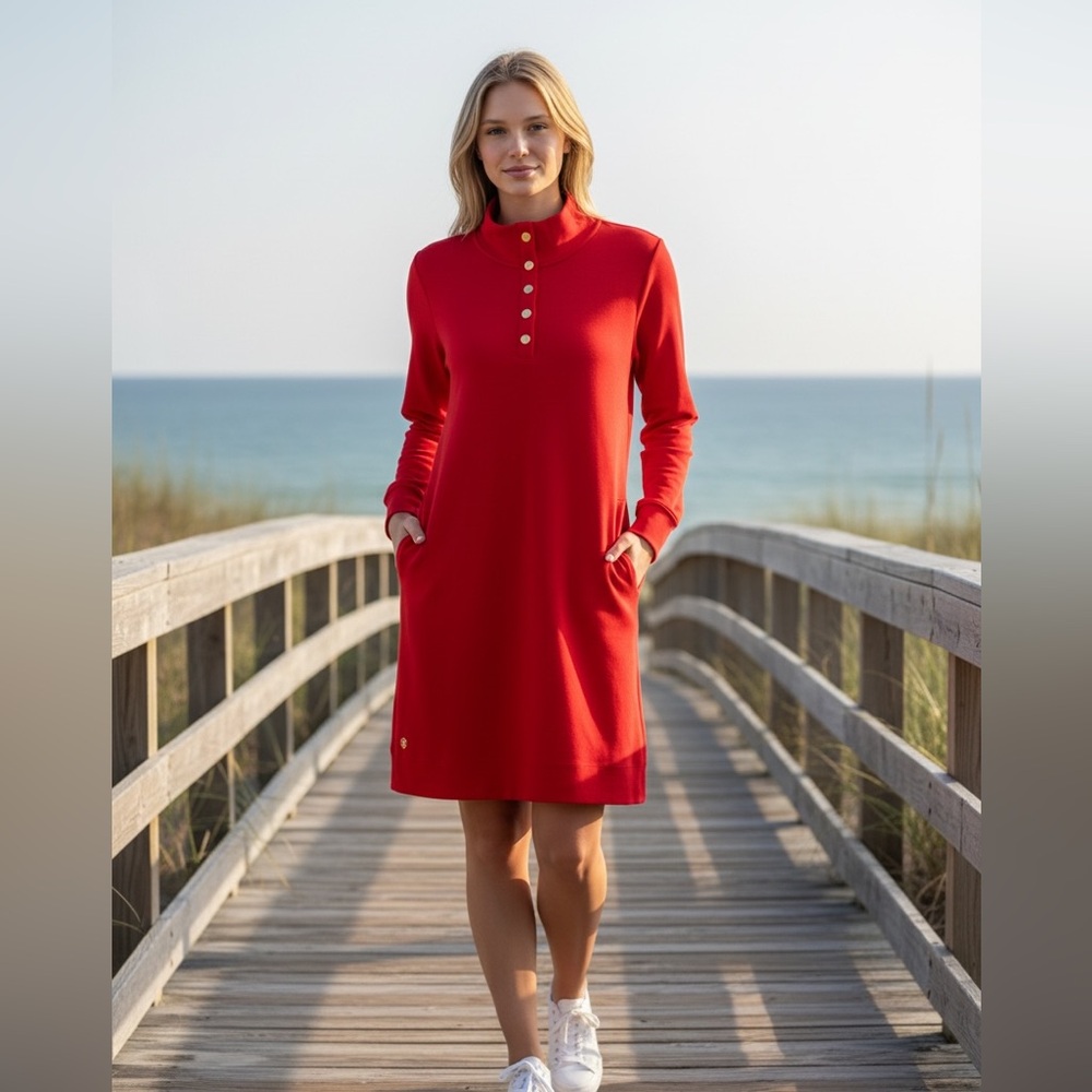 Lilly Pulitzer NWT Sz S Cowie Dress Cranberry Red Long-Sleeve Pockets UPF 50 NWT